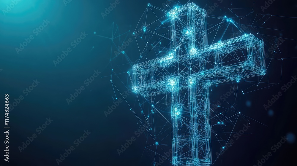Poster abstract ai neural network patterns connected to a glowing medical cross, symbolizing ai in healthca