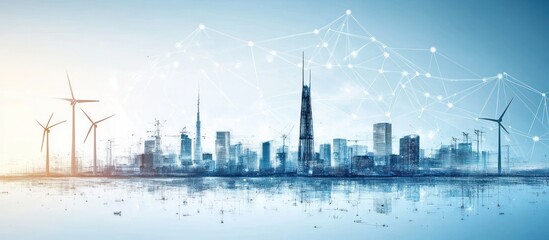 Obraz premium Silhouette of a modern city with wind turbines and a network connection, reflecting on water.