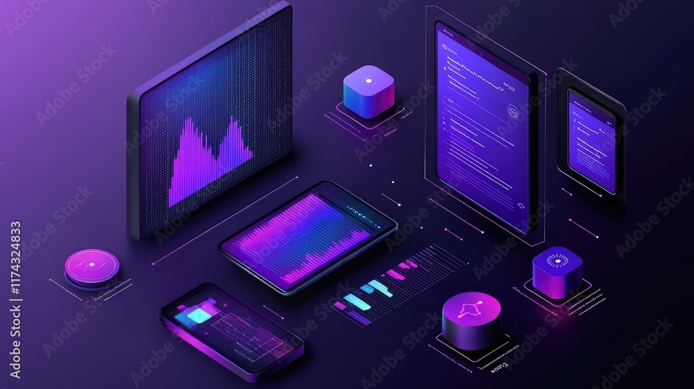 Poster abstract data science concepts visualized with glowing ai models and data points overlaid on a sleek