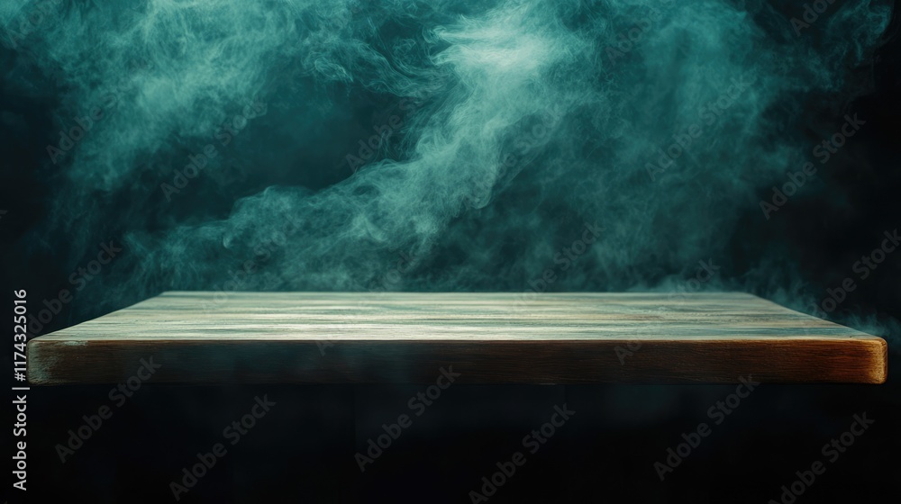 Poster empty wooden table with smoke float up on dark background empty space for display your products,.emp