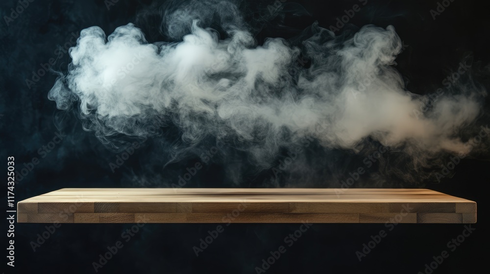 Poster empty wooden table with smoke float up on dark background empty space for display your products,.emp