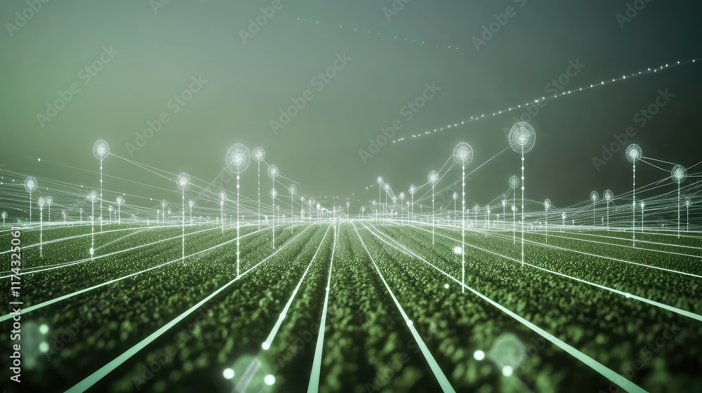 Poster abstract digital patterns forming interconnected smart farm systems on a clean futuristic gradient b