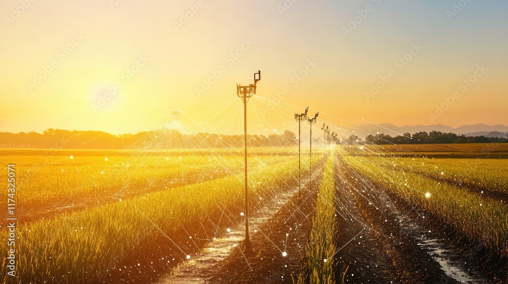 Poster abstract digital patterns overlaying a smart irrigation system, displayed on a clean futuristic grad