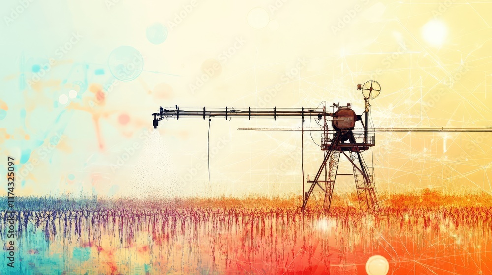 Poster abstract digital patterns overlaying a smart irrigation system, displayed on a clean futuristic grad