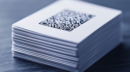 Stack of White Business Cards Featuring Unique Black QR Code on Dark Background