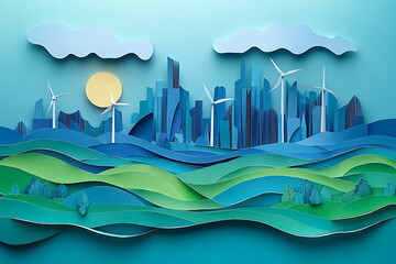 Eco-friendly cityscape in a paper art style featuring modern sustainable architecture, wind turbines, lush green hills, and a clear blue sky. A harmonious vision of urban and natural beauty