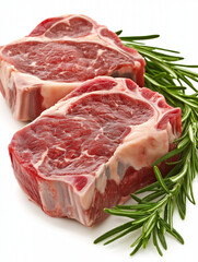 Fototapeta premium Juicy Steak with Rosemary: Two succulent beef steaks, ready for grilling, nestled amongst fresh rosemary sprigs. A mouthwatering image perfect for restaurant menus or culinary blogs.
