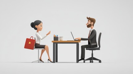 Fototapeta premium 3D Cartoon Business Meeting: Job Interview or Business Negotiation Between a Man and Woman
