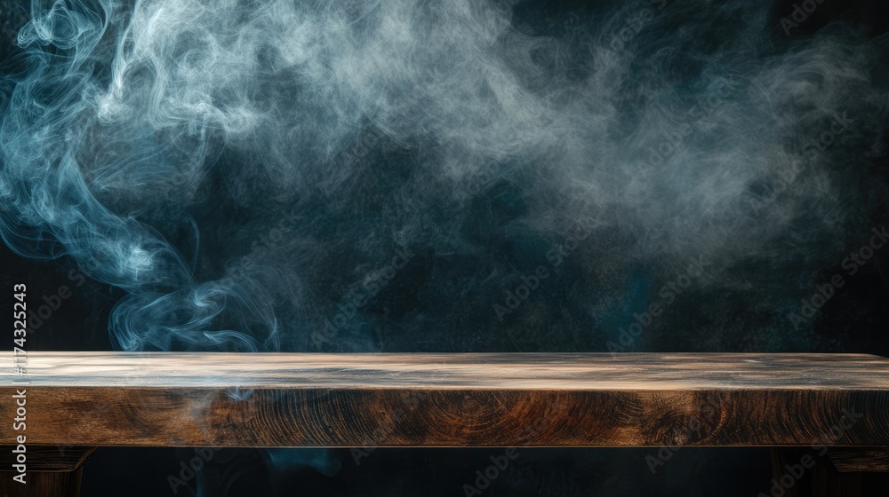Poster empty wooden table with smoke float up on dark background empty space