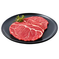 Fresh raw marbled beef steaks with herbs on black plate