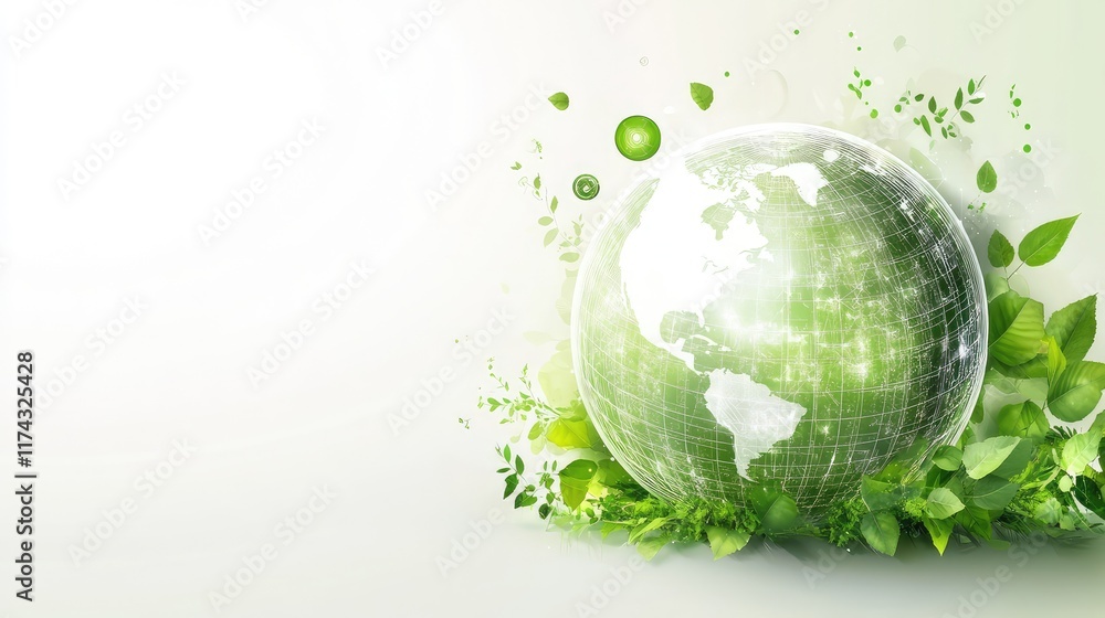 Poster abstract globe with green energy icons orbiting in holographic style on a gradient background. copy 