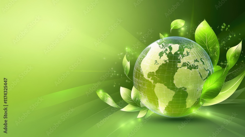 Poster abstract globe with green energy icons orbiting in holographic style on a gradient background. copy 