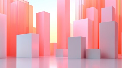 Fototapeta premium Abstract geometric shapes representing AI-driven innovation in development, glowing on a clean gradient background. Copy space provided.