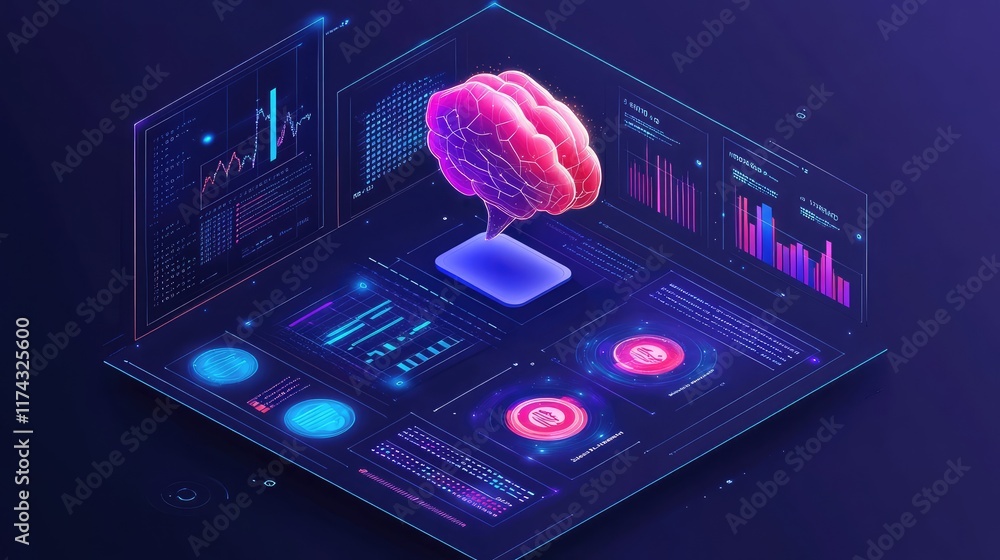 Poster abstract glowing ai neural networks integrated with business metrics visualization charts on a clean