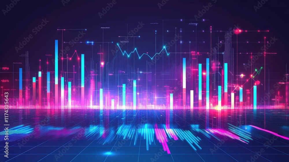 Poster abstract glowing ai neural networks integrated with business metrics visualization charts on a clean