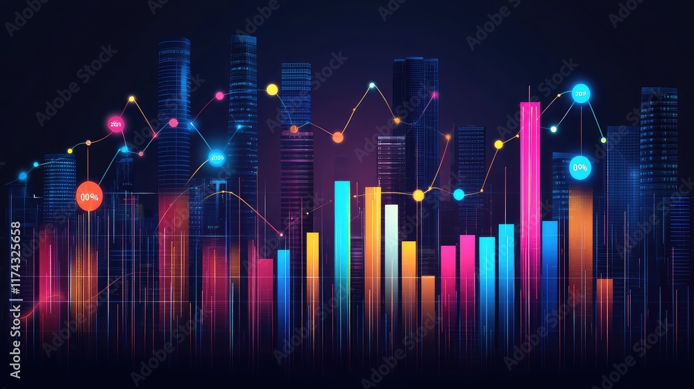Poster abstract glowing ai neural networks integrated with business metrics visualization charts on a clean