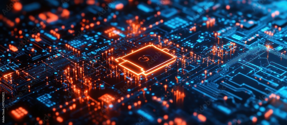 Poster close-up view of a glowing orange processor chip surrounded by complex circuitry on a dark blue circ