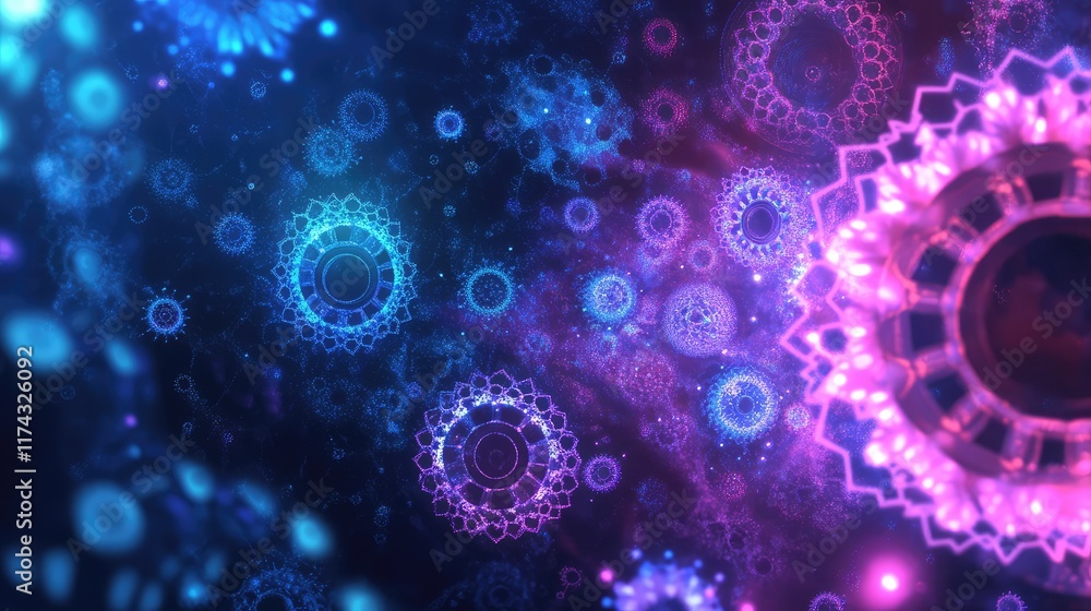 Poster abstract glowing gears integrated with neural network nodes representing ai and software development