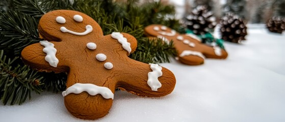 Christmas Gingerbread Man Cookies on Snow with Pine Branches