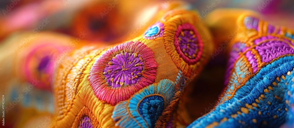 Poster close-up of colorful embroidered fabric with intricate patterns.