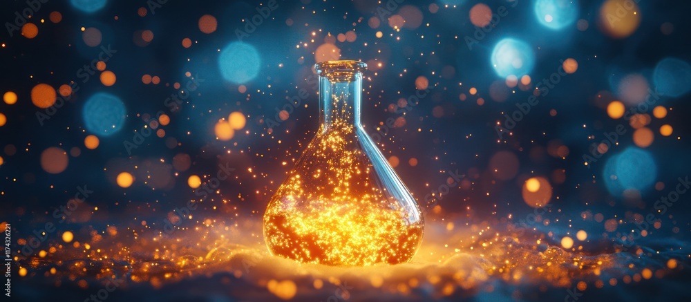 Aufkleber a glass flask glows with bright orange sparks in a dark setting with bokeh lights.
