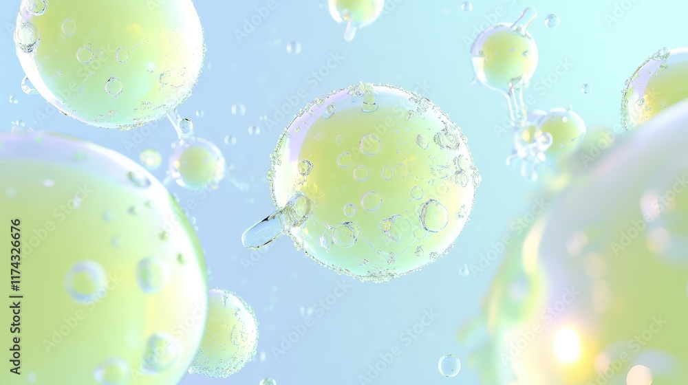 Aufkleber abstract molecular diagrams illuminated by soft green light on a gradient blue background, symbolizi