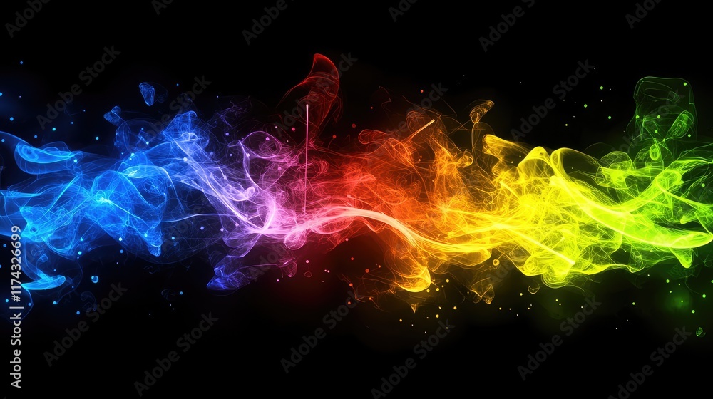 Aufkleber abstract nanoscale particle systems glowing in vibrant colors on a black background, with ample copy
