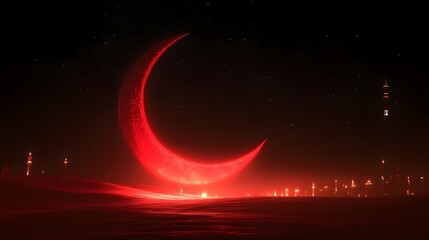 Glowing red crescent moon over desert cityscape at night.