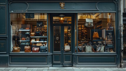 Luxurious shop front with fashion accessories in boutique window, AI generated image