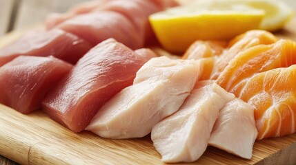 Close-up of freshly chopped chicken and fish on a cutting board, prepared for homemade cat food