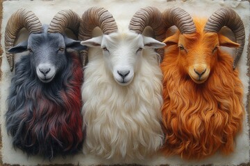 Fototapeta premium Three stylized ram heads with colorful fur displayed on a textured background.