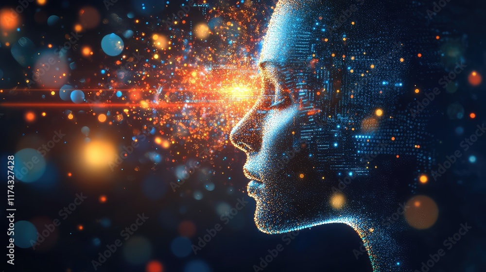 Poster an abstract vr scene representing ai in education, with digital elements floating in space and room 