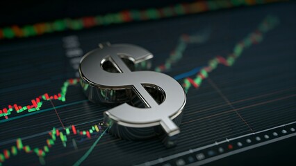 3D silver dollar symbol on a digital stock market chart background.