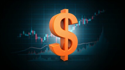 A 3D dollar sign in front of an upward trending stock market graph on a blue backdrop.