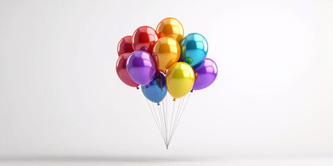 A cluster of vibrant balloons floats against a plain white backdrop