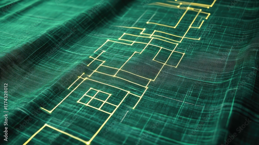 Poster a close-up of a fabric surface with glowing ai pathways interwoven within the threads, ample space f