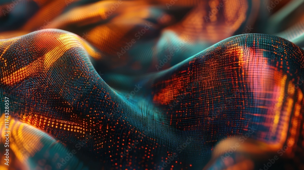Poster a close-up of smart textile fabric with glowing ai threads interwoven, creating a futuristic surface