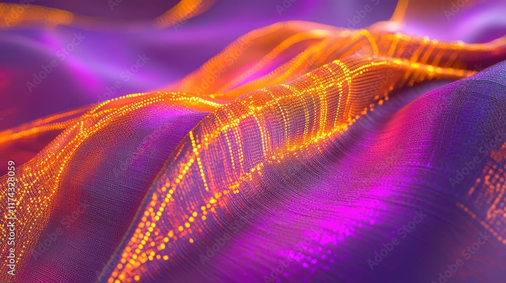 Poster a close-up of smart textile fabric with glowing ai threads interwoven, creating a futuristic surface