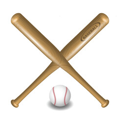 Set illustration of two wooden baseball bats crossed in an "X" shape behind a baseball. The bats have a smooth, natural wood texture, with one labeled "Baseball." The baseball rests in front of the