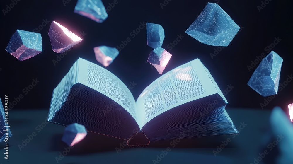 Poster a digital d book with ai-powered educational tools floating around it in a virtual reality space, ro