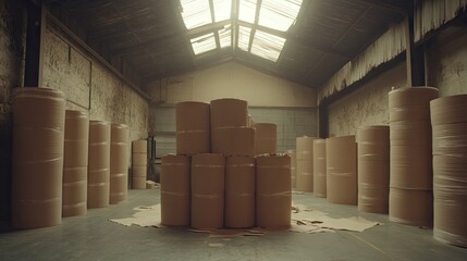 Giant rolls of tissue paper stacked in a warehouse ready for cutting