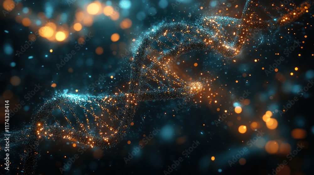 Poster abstract 3d rendering of dna double helix made of particles and glowing bokeh lights.