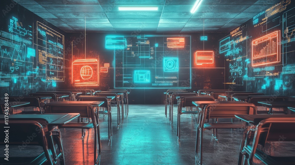 Poster a digital classroom powered by ai with floating vr symbols of education, ample space for copy.