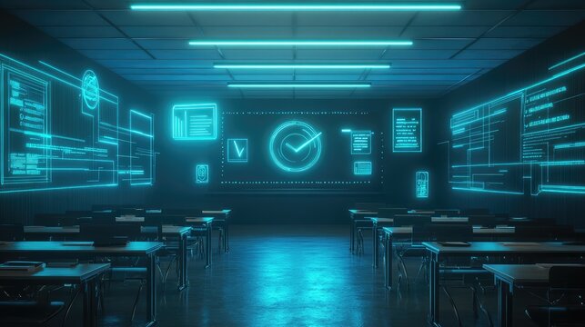 A digital classroom powered by AI with floating VR symbols of education, ample space for copy.
