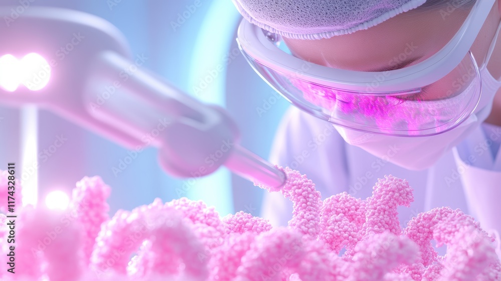 Poster advanced scientist analyzing molecular structures in futuristic laboratory environment