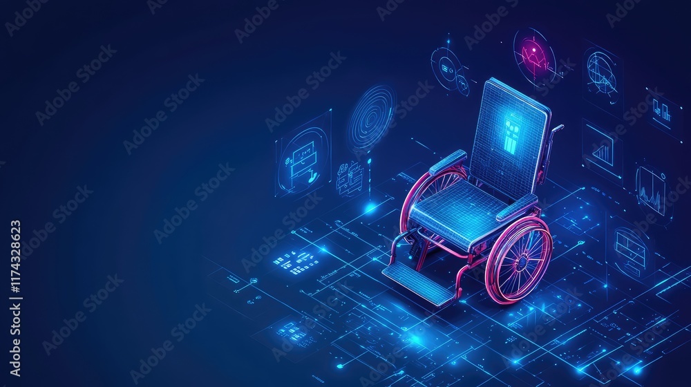 Poster a digital device with ai-enhanced accessibility features, with assistive tech icons floating, space 