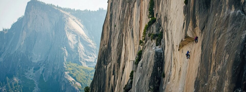 The dramatic ascent of climbers on the vertical granite walls of El Capitan in Yosemite National Park, Mountain scene, Dramatic style