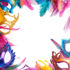 Obraz premium Carnival themed frame with bright masks, feathers, and colorful patterns. Isolated on transparent or white background cut out