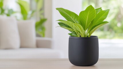 Green foliage in stylish black planter on wooden table in modern interior