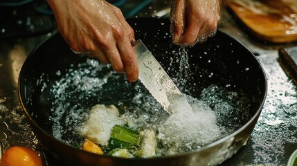 Fototapeta premium Hands scrubbing a cutting knife with caution under running water